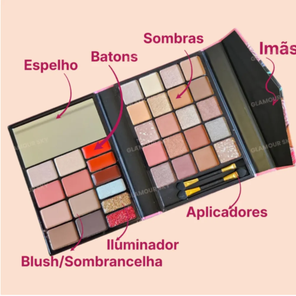 Estojo de Sombras Blush Iluminador Contorno Batom e Glitter Lady Rose 34 Cores - Amor Anjo